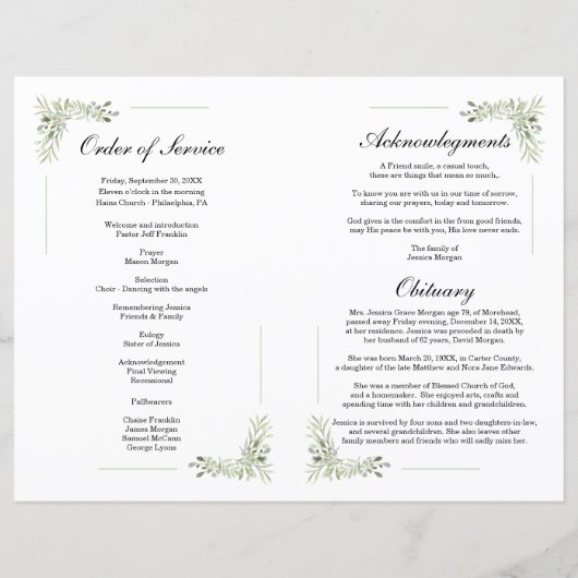Foliage Funeral Programme Sjabloon (Achterkant)