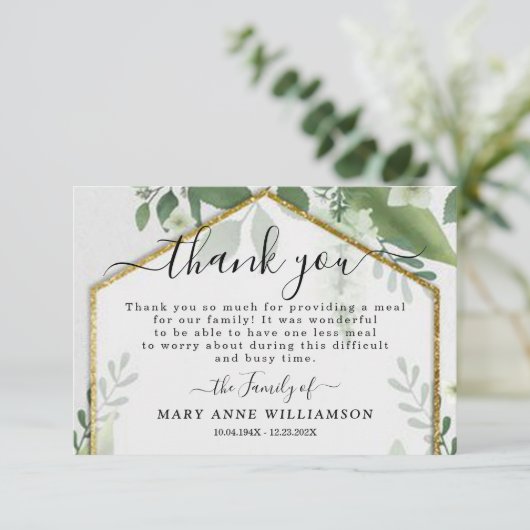 Foliage Gold Glitter Funeral Food Hartelijk dank! Bedankkaart (Staand voorkant)