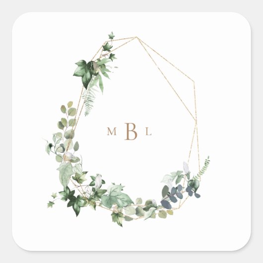 Foliage & Gold Monogram White Weddenschap Vierkante Sticker (Voorkant)