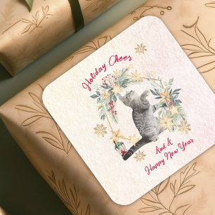 Foliage Goud Sneeuwvlokken Leuke Kat Nieuwjaar Ker Vierkante Sticker