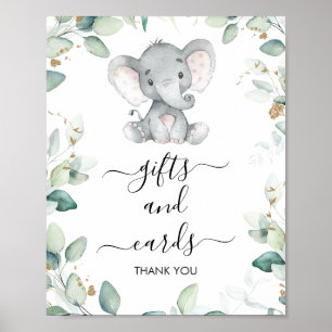 Foliage Green Gold Elephant Baby shower Sign. Poster