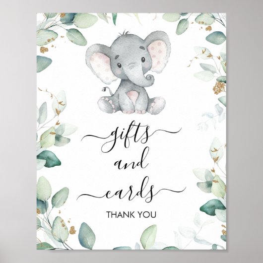 Foliage Green Gold Elephant Baby shower Sign. Poster (Voorkant)