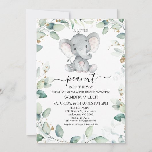 Foliage Green Gold Elephant Peanut Baby shower Kaart (Voorkant)