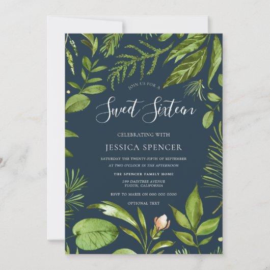 Foliage Greens Modern Natuur Sweet 16 Partij nodig Kaart (Voorkant)