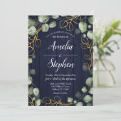 Foliage Krans Eucalyptus Navy Wedding Kaart (Staand voorkant)