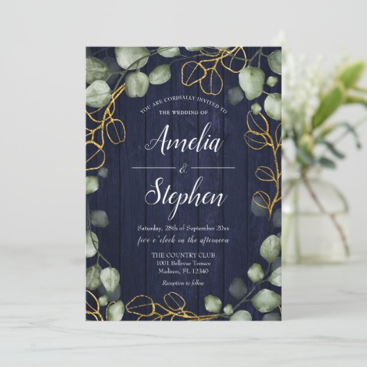 Foliage Krans Eucalyptus Navy Wedding Kaart (Staand voorkant)