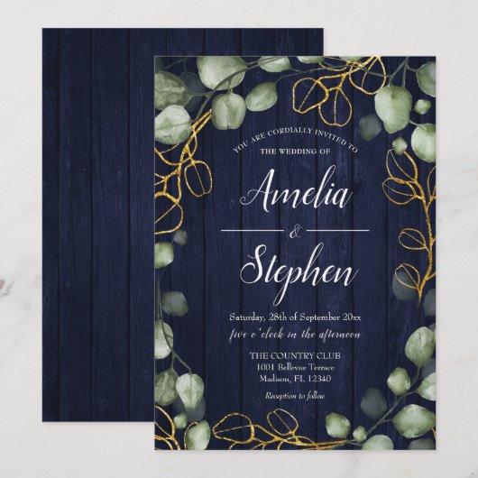 Foliage Krans Eucalyptus Navy Wedding Kaart (Voorkant / Achterkant)