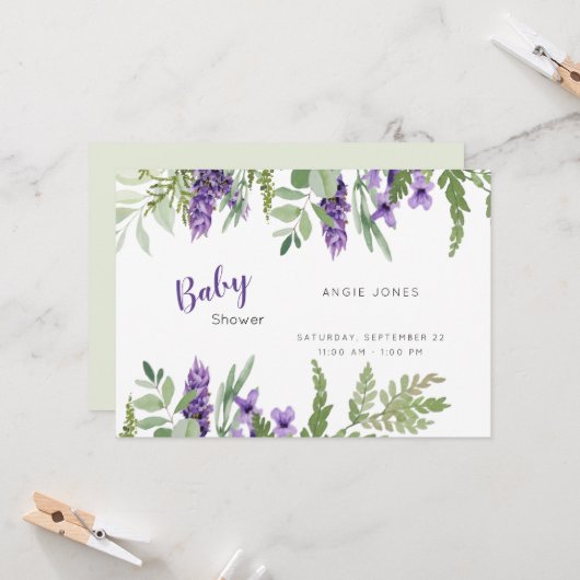 Foliage Lavender and Mint baby shower Invitation Kaart (Voorkant / Achterkant in situ)