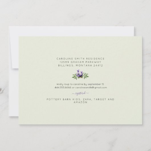 Foliage Lavender and Mint baby shower Invitation Kaart (Achterkant)
