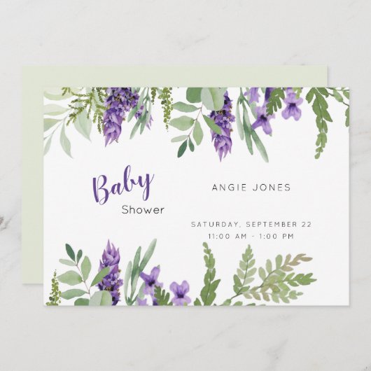 Foliage Lavender and Mint baby shower Invitation Kaart (Voorkant / Achterkant)
