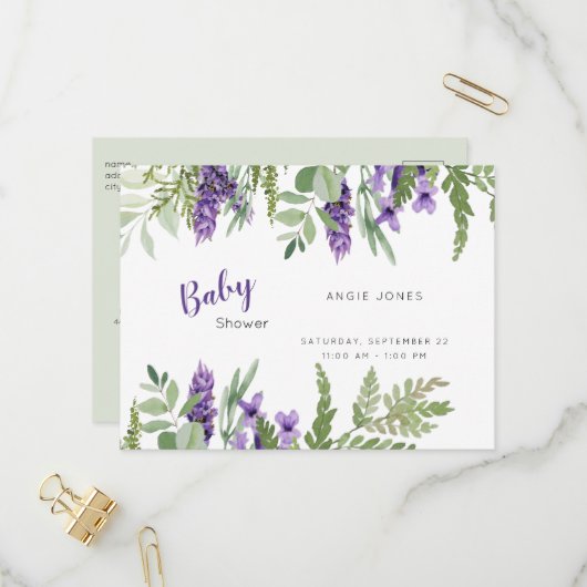 Foliage Lavender and Mint baby shower Invitation Uitnodiging Briefkaart (Voorkant / Achterkant in situ)