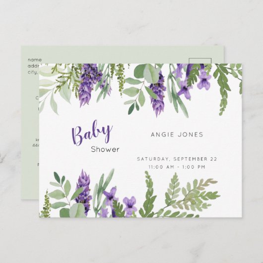 Foliage Lavender and Mint baby shower Invitation Uitnodiging Briefkaart (Voorkant / Achterkant)