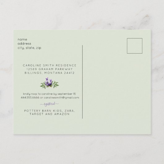 Foliage Lavender and Mint baby shower Invitation Uitnodiging Briefkaart (Achterkant)