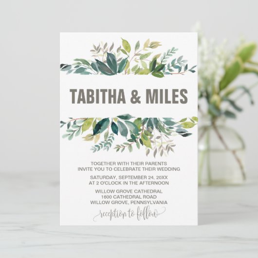 Foliage met Monogram Wreath Backing Wedding Kaart (Staand voorkant)