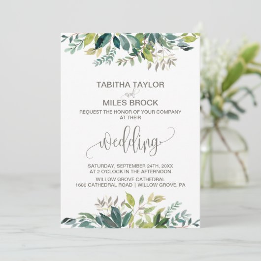 Foliage met Monogram Wreath Backing Wedding Kaart (Staand voorkant)