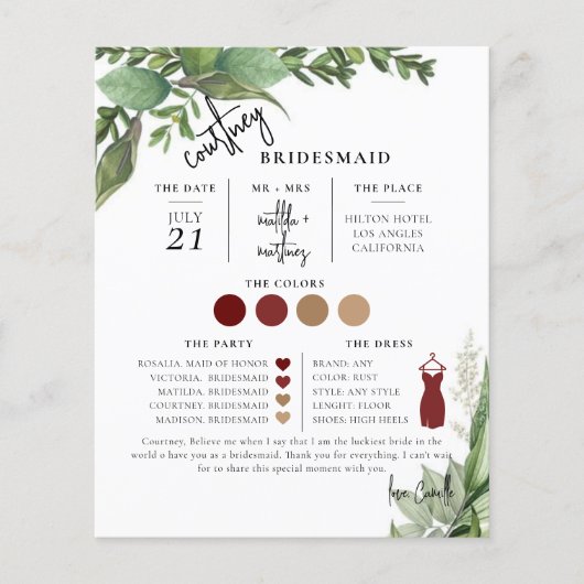 Foliage Minimale teksthandleiding Bridesmaid-infor (Voorkant)