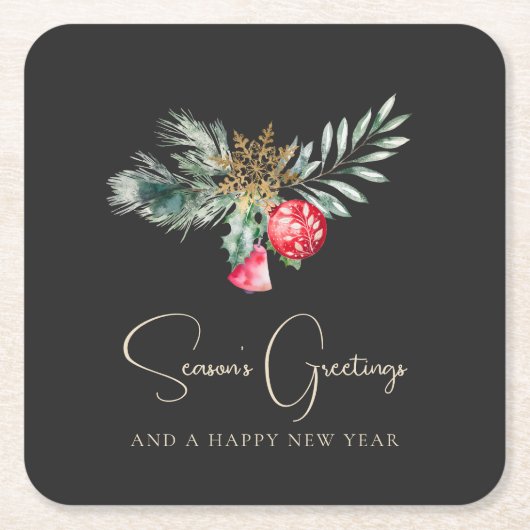 Foliage Modern Elegant Goud Rood Kerstfeest Kartonnen Onderzetters (Voorkant)