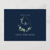Foliage Monogram Wedding Save the Date Navy Aankondigingskaart (Voorkant)