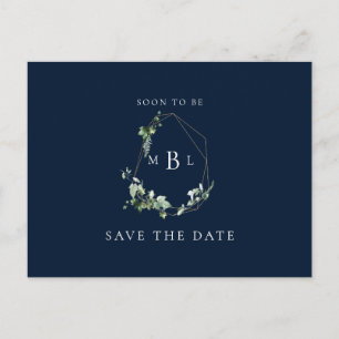 Foliage Monogram Wedding Save the Date Navy Aankondigingskaart