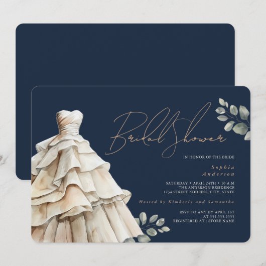 Foliage Navy Beige Trouwjurk Vrijgezellenfeest Kaart (Voorkant / Achterkant)