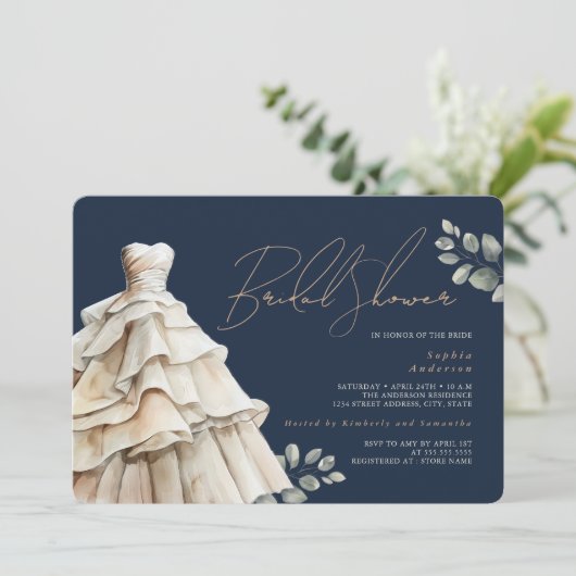 Foliage Navy Beige Trouwjurk Vrijgezellenfeest Kaart (Staand voorkant)