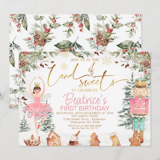 Foliage Nutkraker Sugar Plum Fairy Birthday Kaart (Voorkant / Achterkant)