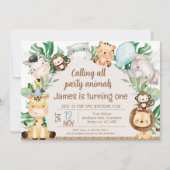 Foliage Pet Safari Arch Party Animals 1e Verjaarda Kaart (Voorkant)