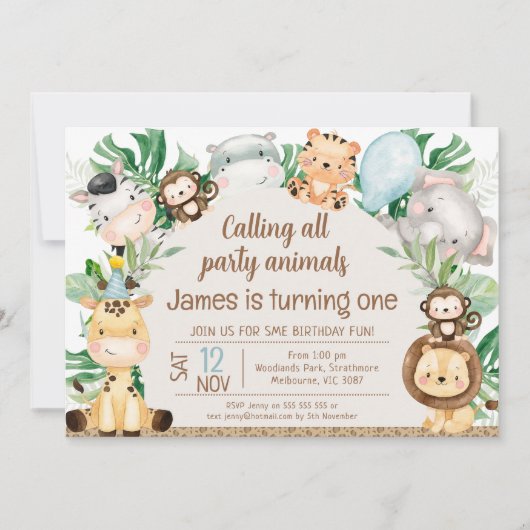 Foliage Pet Safari Arch Party Animals 1e Verjaarda Kaart (Voorkant)