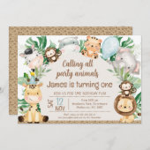 Foliage Pet Safari Arch Party Animals 1e Verjaarda Kaart (Voorkant / Achterkant)