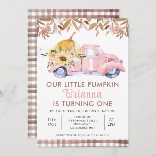 Foliage Pink Little Pumpkin 1st Birthday Kaart (Voorkant / Achterkant)