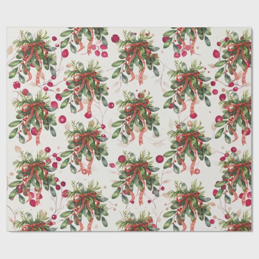 Foliage Red Ribbon Christmas Holly Cadeaupapier (Vlak)