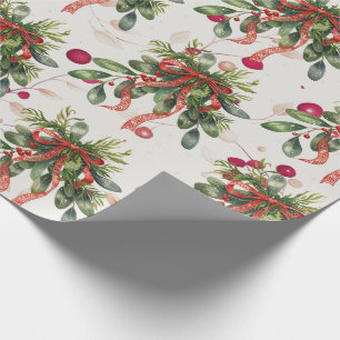 Foliage Red Ribbon Christmas Holly Cadeaupapier