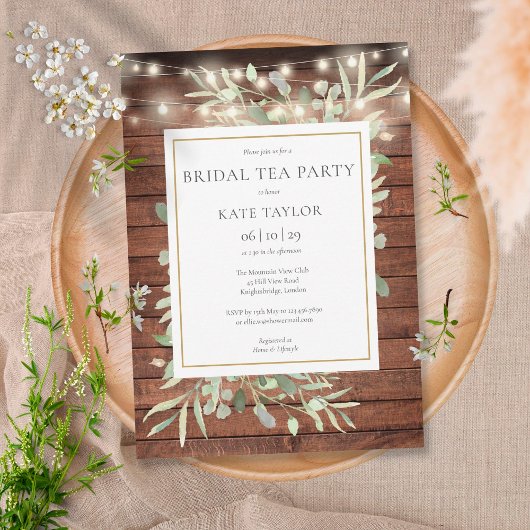 Foliage Rustic Wood String Lights Bridal Tea Party Kaart