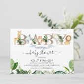 Foliage Safari Animals Word Baby shower Uitnodigin Kaart (Staand voorkant)