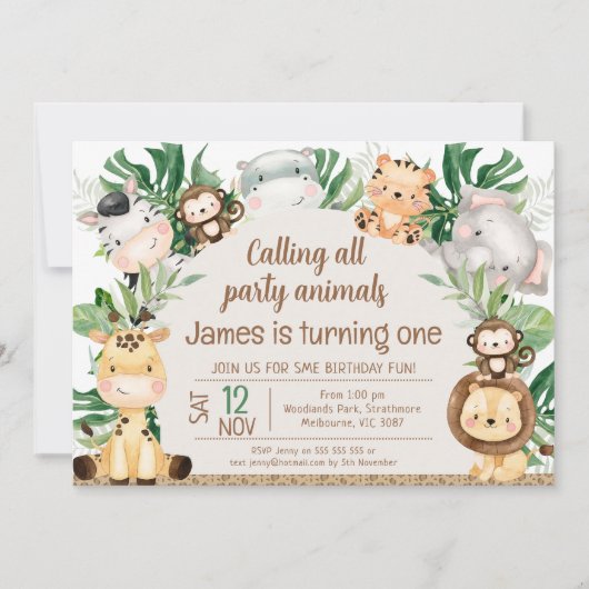 Foliage Safari Arch Party Dieren 1e Verjaardag Kaart (Voorkant)