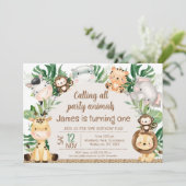 Foliage Safari Arch Party Dieren 1e Verjaardag Kaart (Staand voorkant)