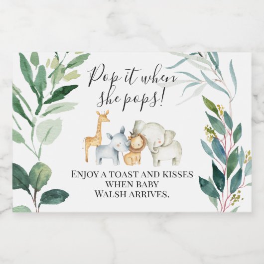Foliage Safari Baby shower Pop It Sparkling Wijnetiket (Enkel label)
