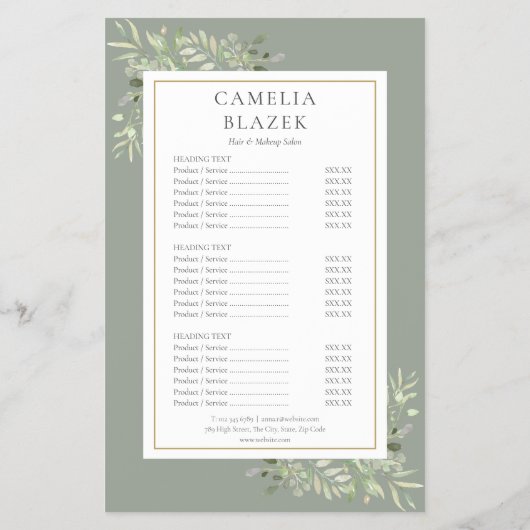 Foliage Sage Green 2 Sided Service Menu Prijslijst (Achterkant)