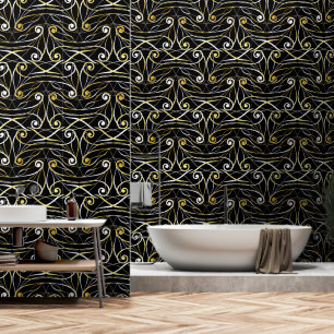 Foliage & Swirls Modern Damask Zilver Goud Zwart Behang