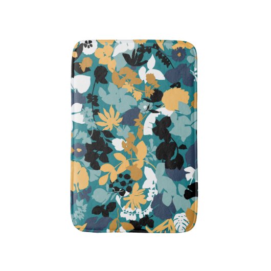 Foliage Teal Aqua Blue Mustard Black White Badmat (Voorkant Verticaal)