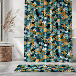 Foliage Teal Aqua Blue Mustard Black White Douchegordijn