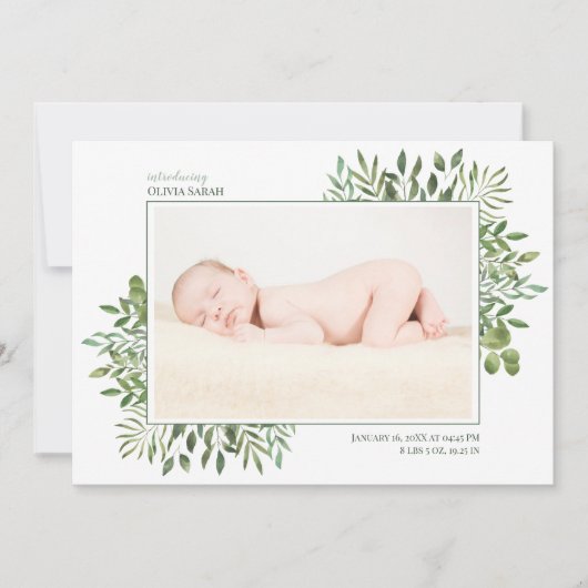 Foliage Waterverf Foto Collage Newborn Birth Aankondiging (Voorkant)