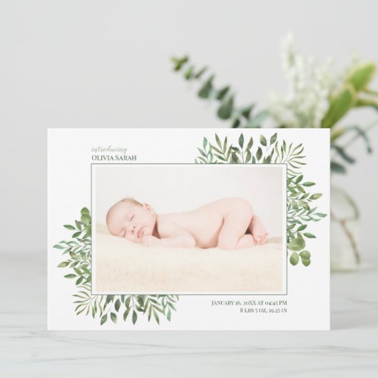 Foliage Waterverf Foto Collage Newborn Birth Aankondiging (Staand voorkant)