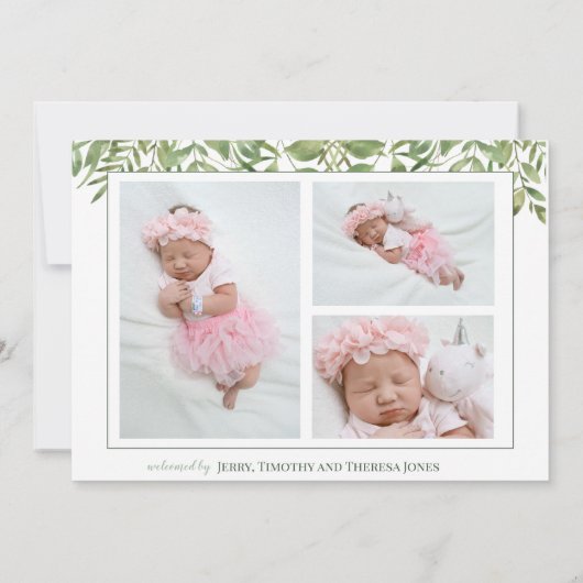 Foliage Waterverf Foto Collage Newborn Birth Aankondiging (Achterkant)