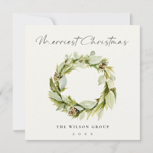 Foliage Winter Wreath Merriest Kerstmis Logo Feestdagenkaart (Voorkant)