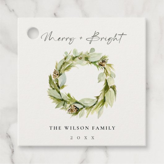 Foliage Winter Wreath Merry & Bright Kerstfeest Ho Bedankjes Labels (Voorkant)
