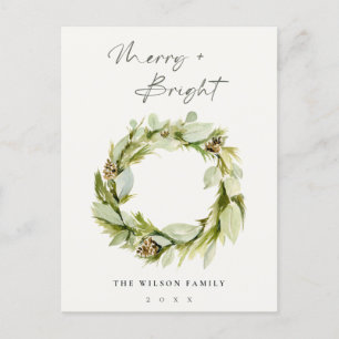 Foliage Winter Wreath Merry & Bright Kerstmis Feestdagenkaart