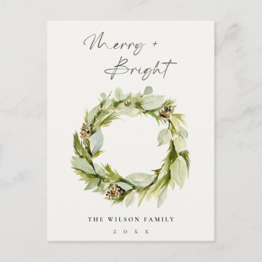 Foliage Winter Wreath Merry & Bright Kerstmis Feestdagenkaart (Voorkant)