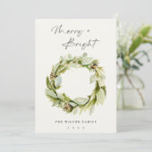 Foliage Winter Wreath Merry & Bright Kerstmis Feestdagenkaart (Staand voorkant)