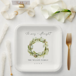 Foliage Winter Wreath Merry & Bright Kerstmis Papieren Bordje